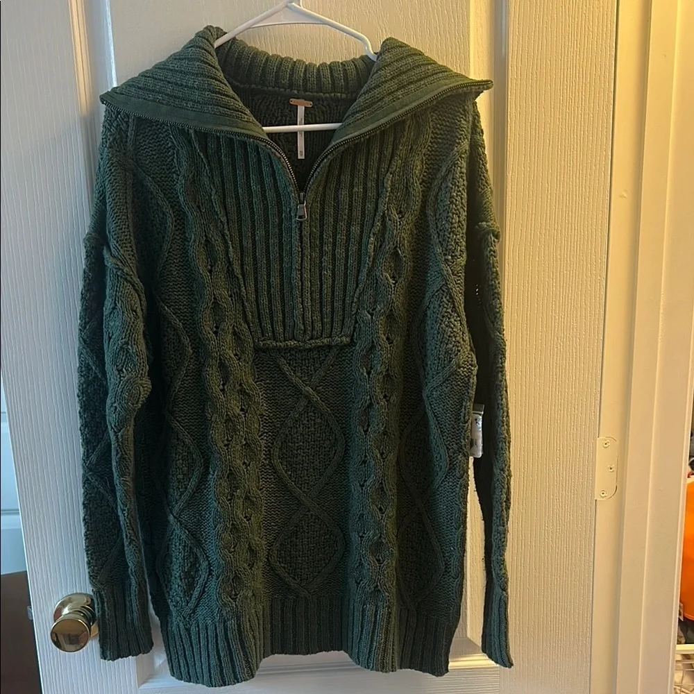 NEW Free People Green Cable Knit Zip Up Sweater